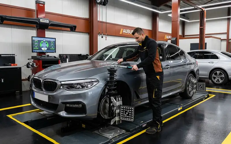 Mechanic applying a color change wrap on a BMW, offering a new look with high-quality vinyl.