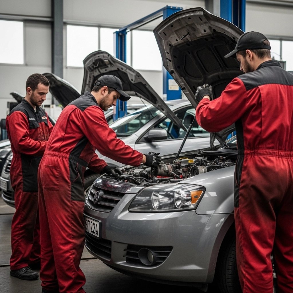 hree mechanics in red coveralls working on a car's engine, offering expert vehicle maintenance and repair.